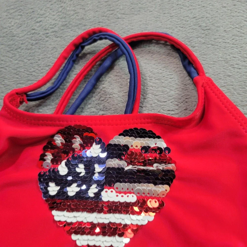 Bmagical Bikini Swim Top Girls 6 Red Heart American Flag Sequin Patriotic Summer